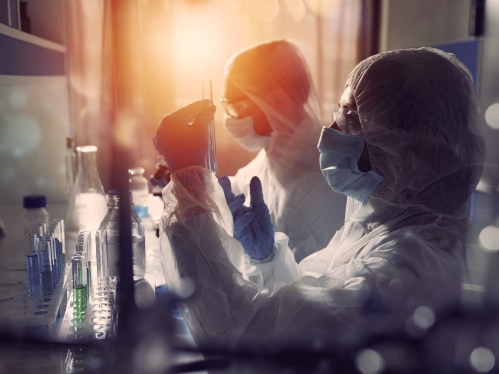 Researchers work in a lab while wearing gloves and masks