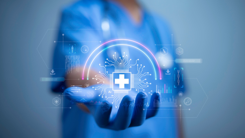An illustration of a health care worker harnessing information technology