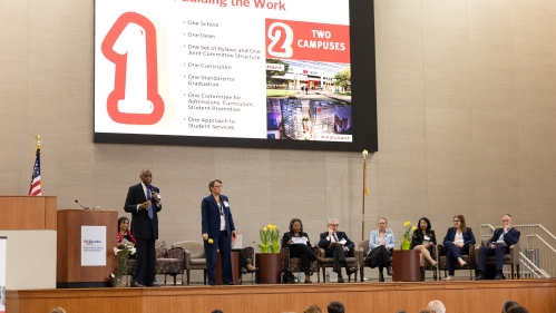 The deans of the medical schools speak on stage at a summit