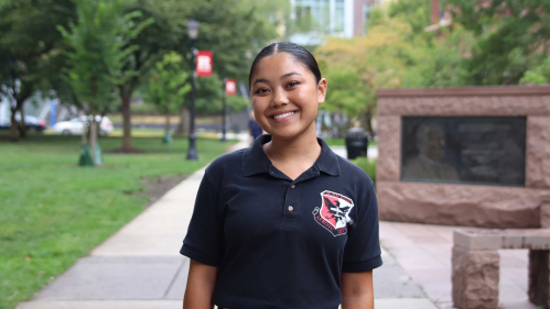 Bea Mikayla Faigal, an Air Force ROTC cadet and nursing student at Rutgers-New Brunswick, poses for a photo at Voorhees Mall. 