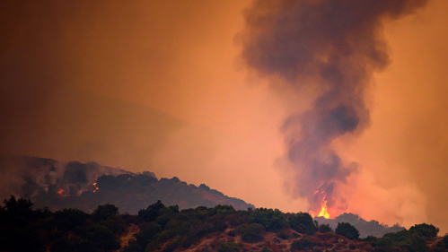Smoke and fire on wooded land