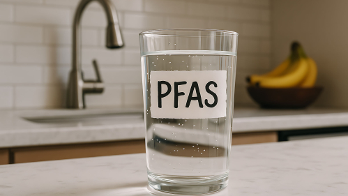 glass of drinking water with PFAS written on it