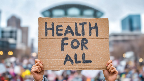 protestor holds "Health for All" sign