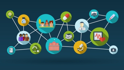 Circles connected in a network shape, showing icons representing areas of population health, including communities and data.