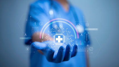 An illustration of a health care worker harnessing information technology