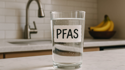 glass of drinking water with PFAS written on it