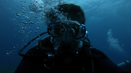 Rutgers medical student Erin Go takes a selfie underwater off of the Philippine island Malapascua.