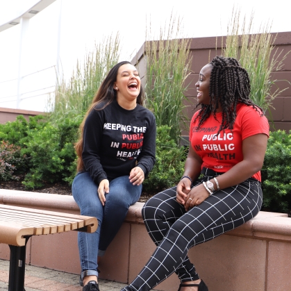 School of Public Health students talking outside