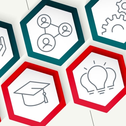 Graphic showing icons in teal and red hexagonal shapes