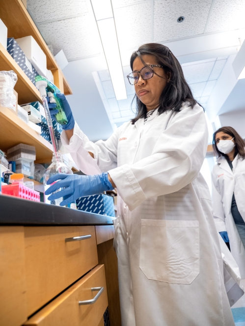 A researcher wearing a white coat stands at a counter and uses a pipette to handle specimens in a lab 