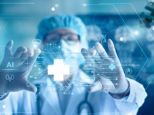 Doctor holding up hands around a medical cross surrounded by circuit lines