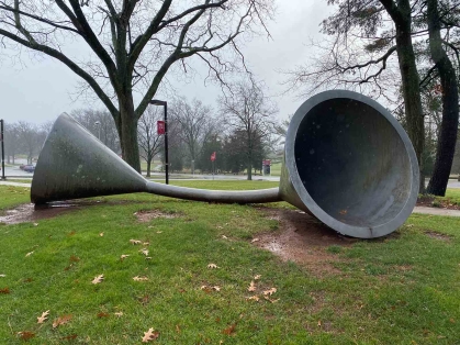 This sculpture representing extroversion is on the southern side of the Psychology Building on Busch campus at Rutgers-New Brunswick.