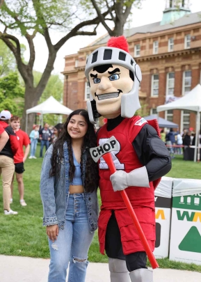 Sir Henry (right) poses with a visitor on Voorhees Mall during Rutgers Day 2024.